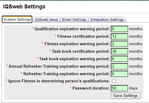 IQSweb Settings